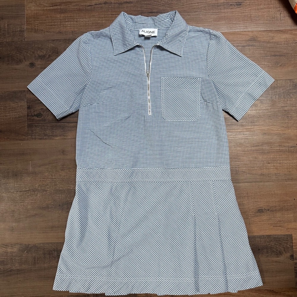 ALIGNE Yolanda Check Gingham Mini Dress Blue White Quarter Zip Size 4 Academia